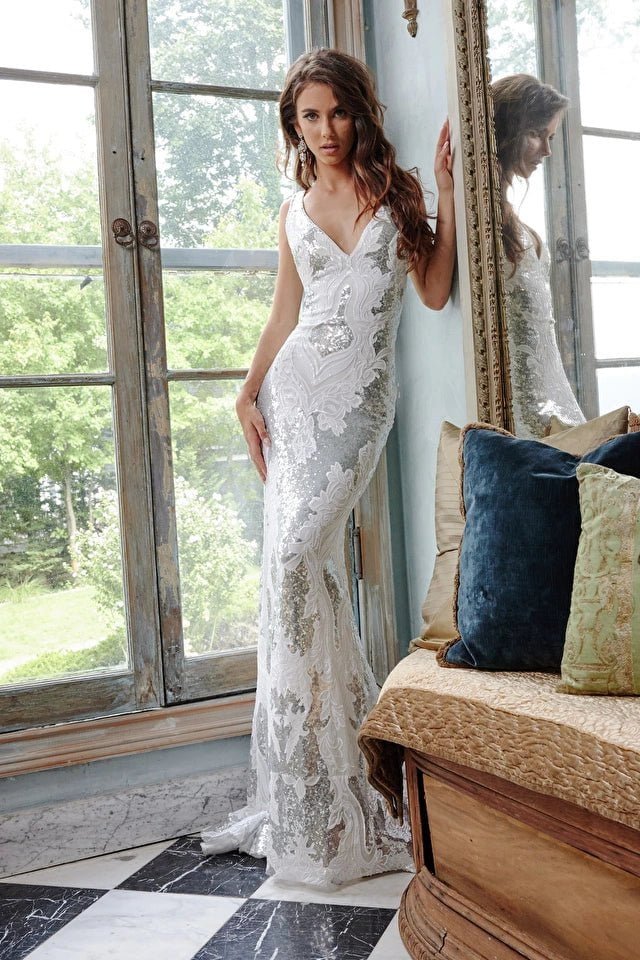 Jovani Evening Dress Jovani 23319 White Silver Open Back V Neck Dress