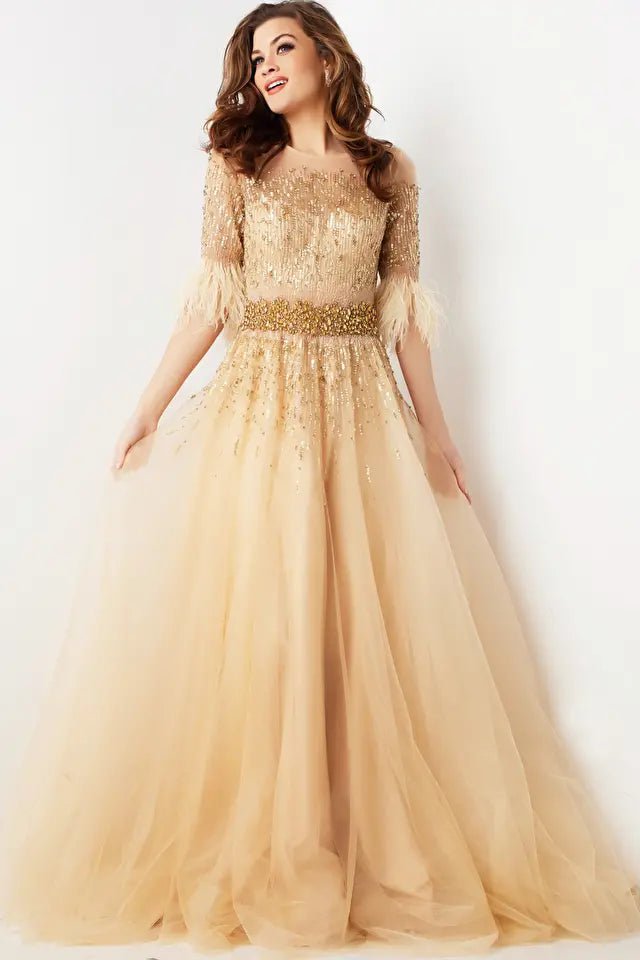 Jovani Evening Dress Jovani 23629 Cream Short Sleeve Embellished Formal Gown