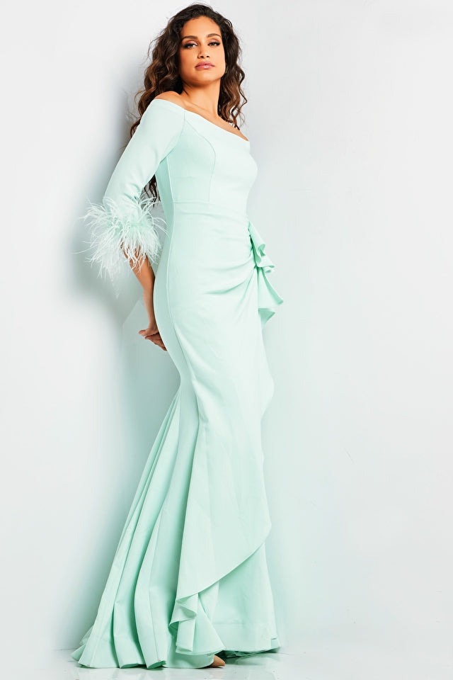 Jovani Evening Dress Jovani 24195 Mint Three Quarter Sleeve Ruched Gown