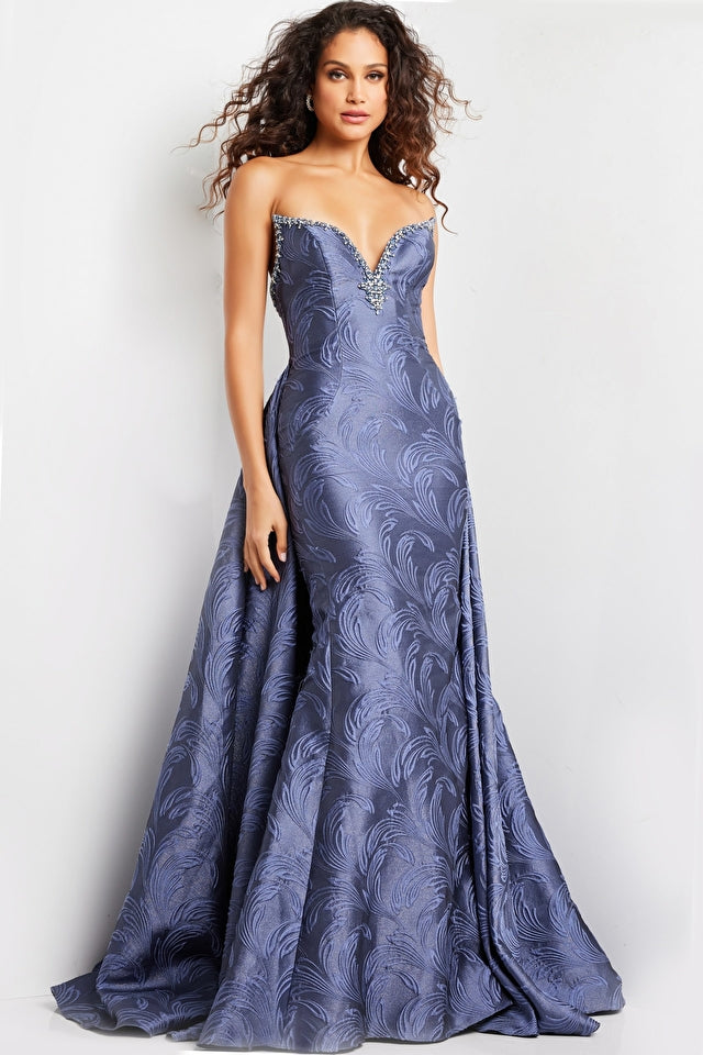 Jovani Evening Dress Jovani 26115 Grey Blue Strapless Jacquard Evening Gown