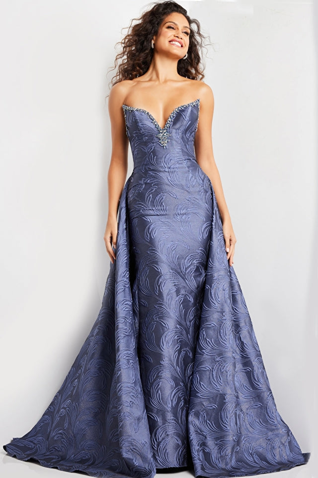 Jovani Evening Dress Jovani 26115 Grey Blue Strapless Jacquard Evening Gown