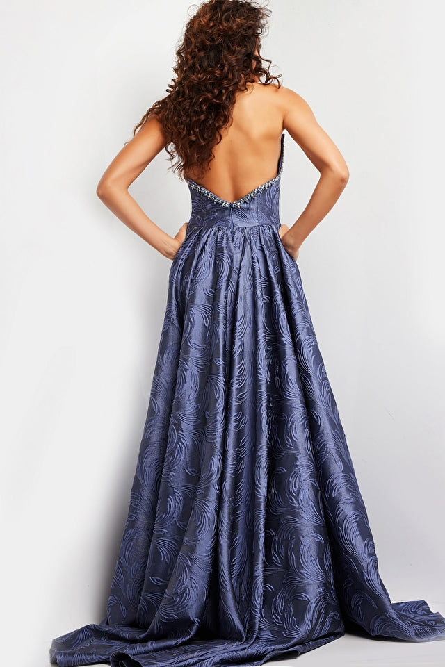 Jovani Evening Dress Jovani 26115 Grey Blue Strapless Jacquard Evening Gown