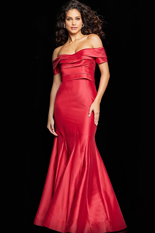 Jovani Evening Dress Jovani 26187 Red Off the Shoulder Mermaid Dress