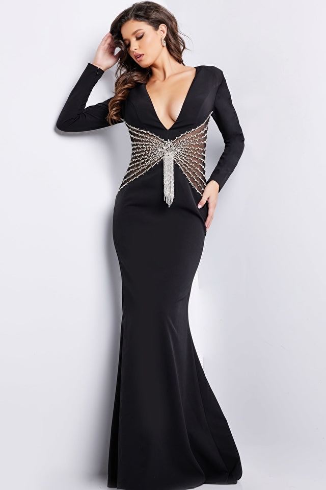 Jovani Evening Dress Jovani 26317 Black Long Sleeves Fitted Dress