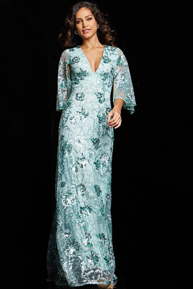 Jovani Evening Dress Jovani 26923 Mint Three Quarter Sleeve Embellished Gown