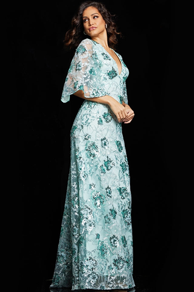 Jovani Evening Dress Jovani 26923 Mint Three Quarter Sleeve Embellished Gown
