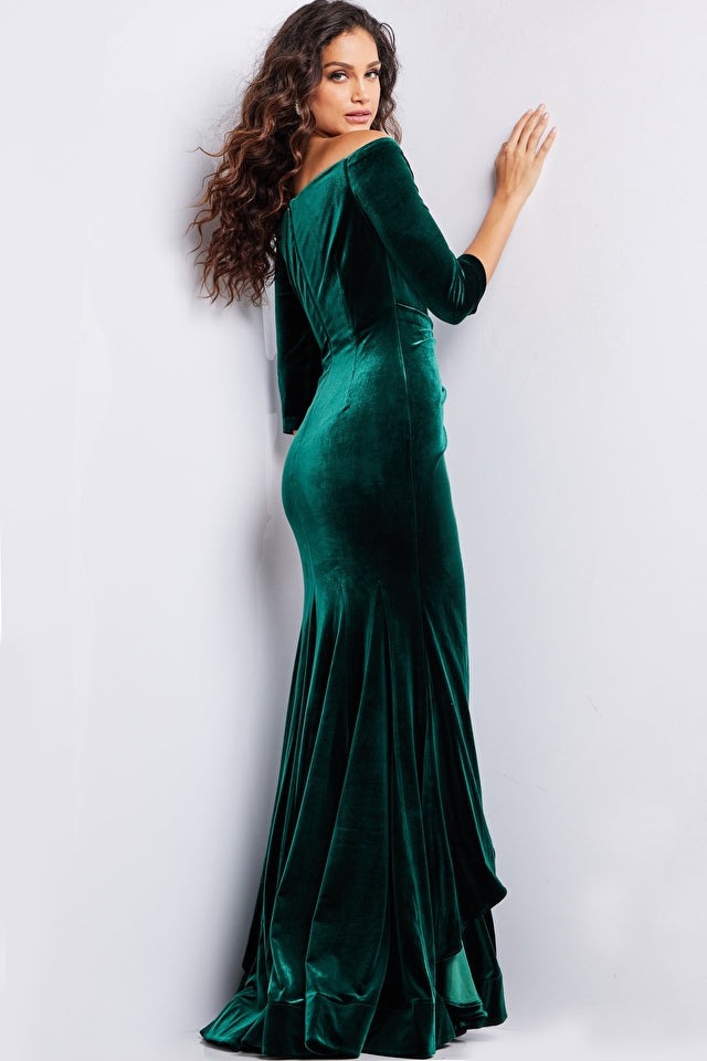 Jovani Evening Dress Jovani 36458 Emerald Three Quarter Sleeve Velvet Dress