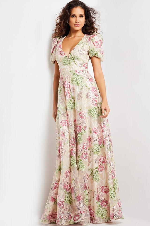 Jovani Evening Dress Jovani 37636 Multi Color Short Sleeve Floral Dress