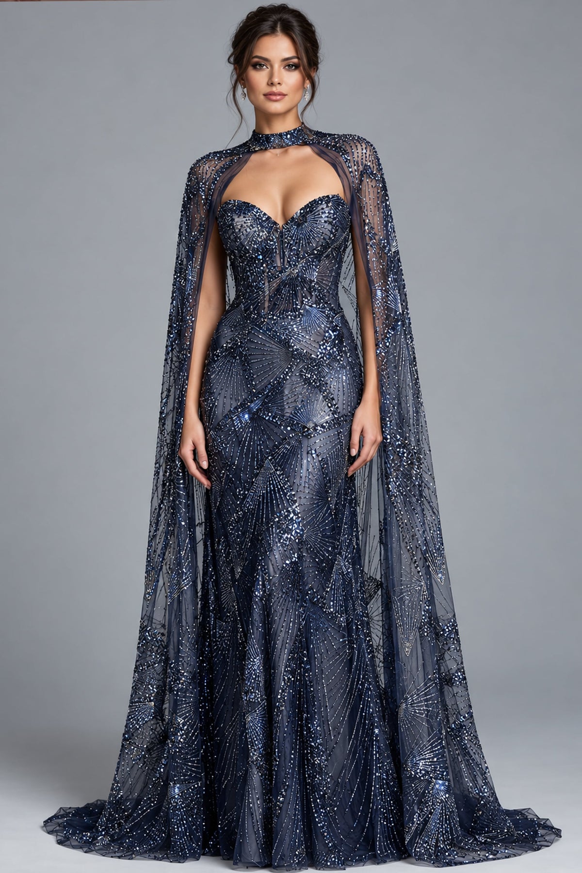 Jovani Evening Dress Jovani 39214 Strapless Gown With Beaded Sheer Cape