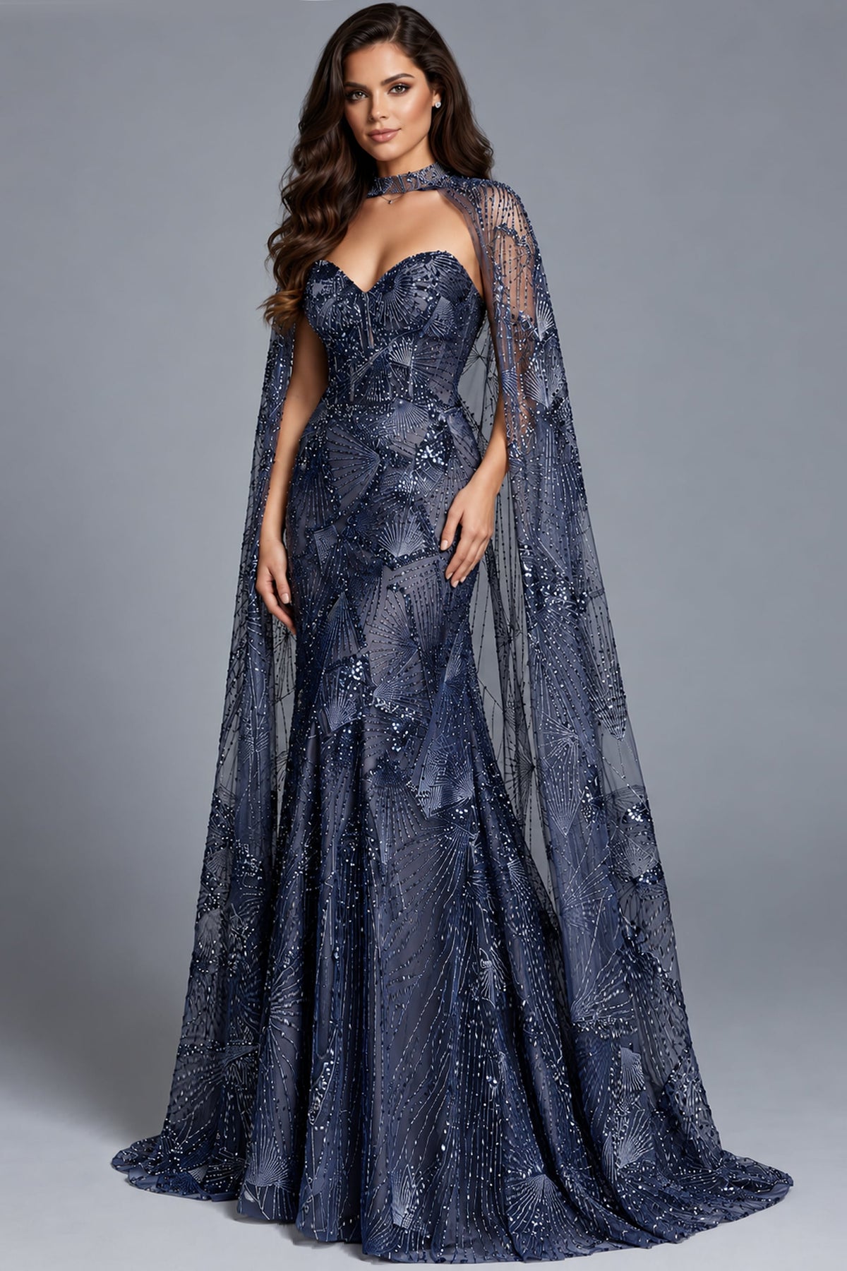 Jovani Evening Dress Jovani 39214 Strapless Gown With Beaded Sheer Cape