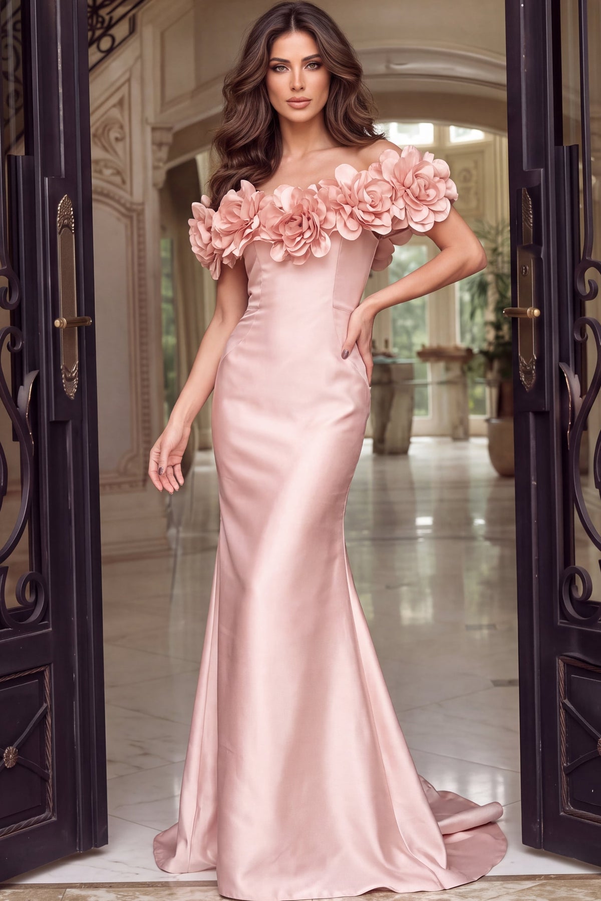 Jovani Evening Dress Jovani 45668 Off Shoulder Floral Applique Satin Trumpet Gown