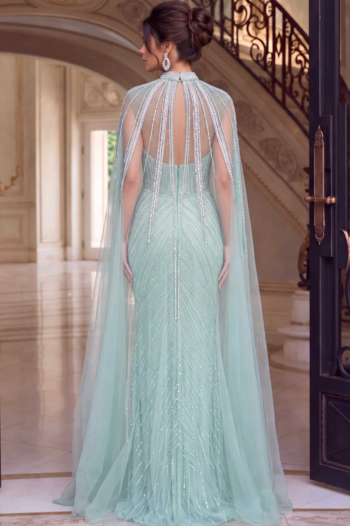 Jovani Evening Dress Jovani 48421 Seafoam Beaded Mermaid Gown With High Collar Cape
