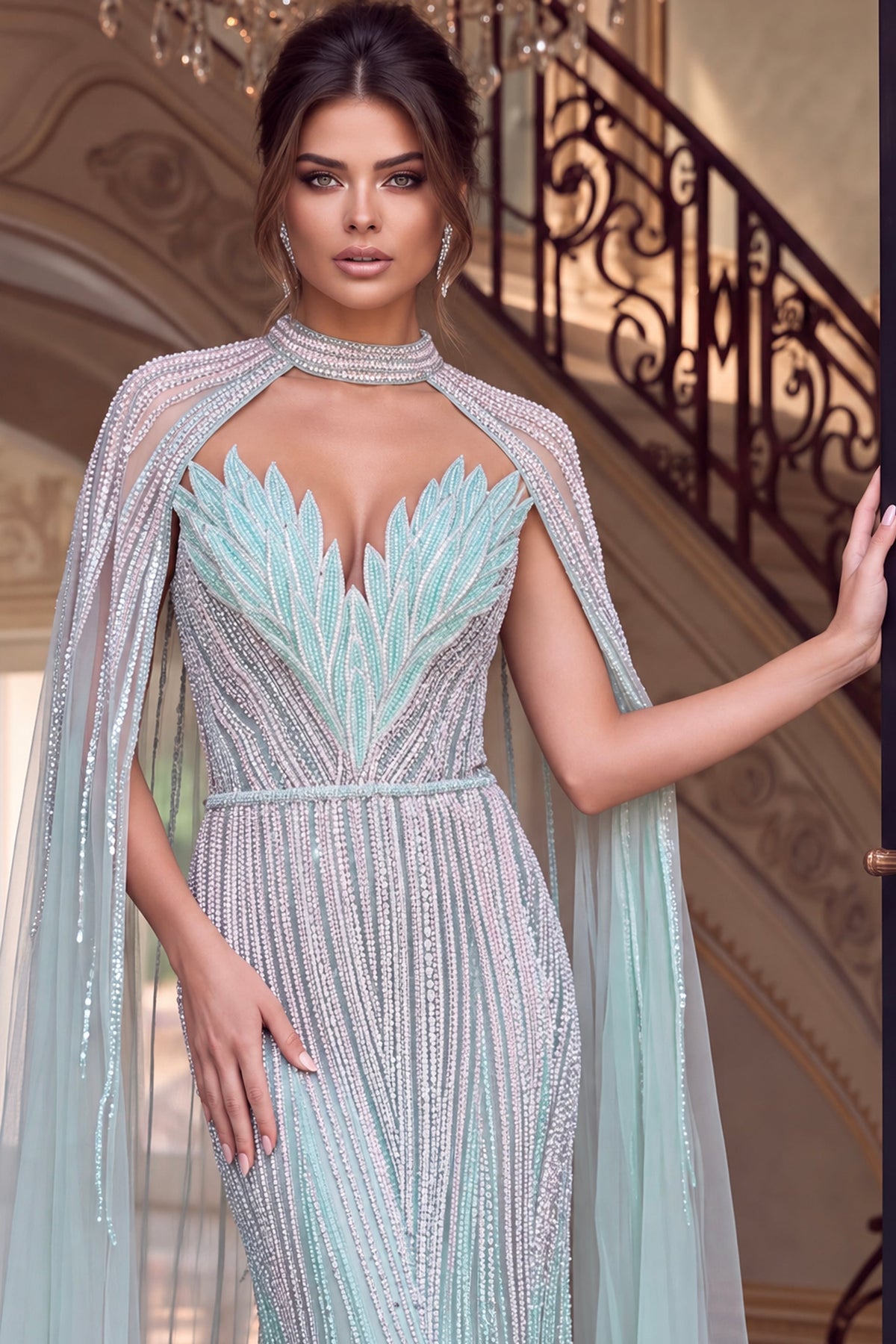 Jovani Evening Dress Jovani 48421 Seafoam Beaded Mermaid Gown With High Collar Cape