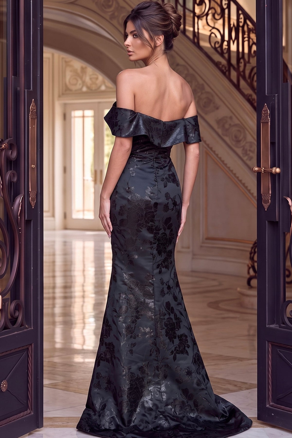 Jovani Evening Dress Jovani 49028 Off The Shoulder Jacquard Mermaid Evening Gown