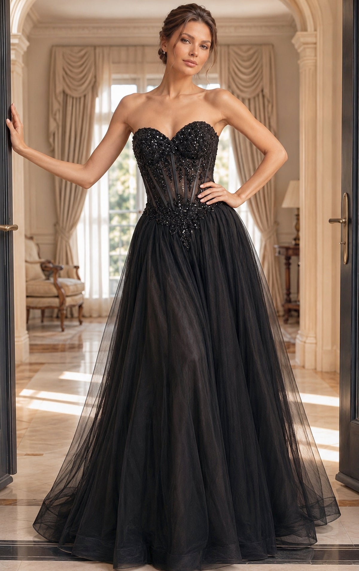 Jovani Evening Dress Jovani 50011 Beaded Floral Lace Strapless Tulle Gown