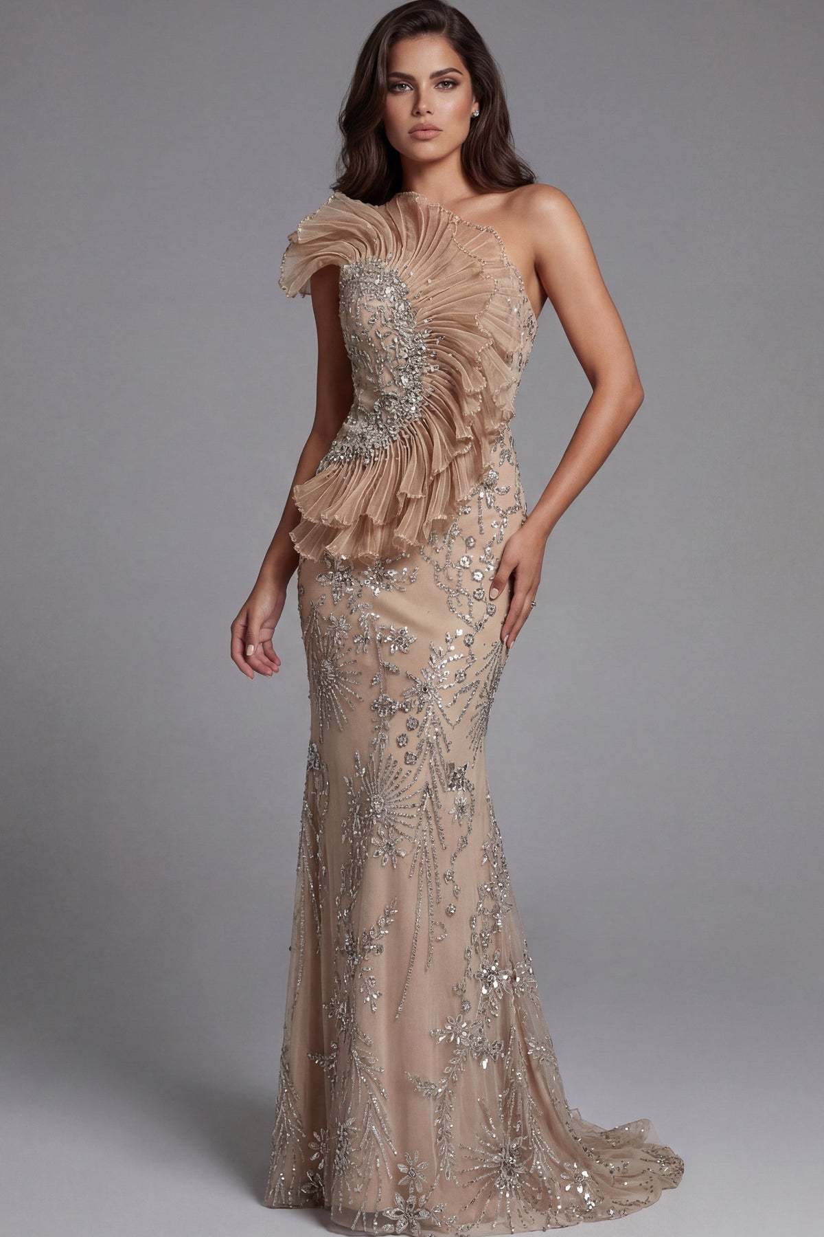Jovani Evening Dress Jovani 50205 One Shoulder Nude Embellished Gown