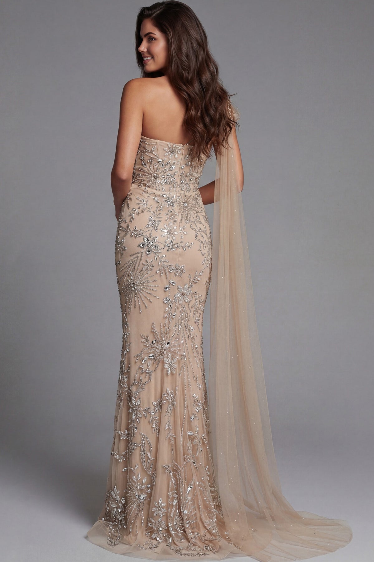 Jovani Evening Dress Jovani 50205 One Shoulder Nude Embellished Gown