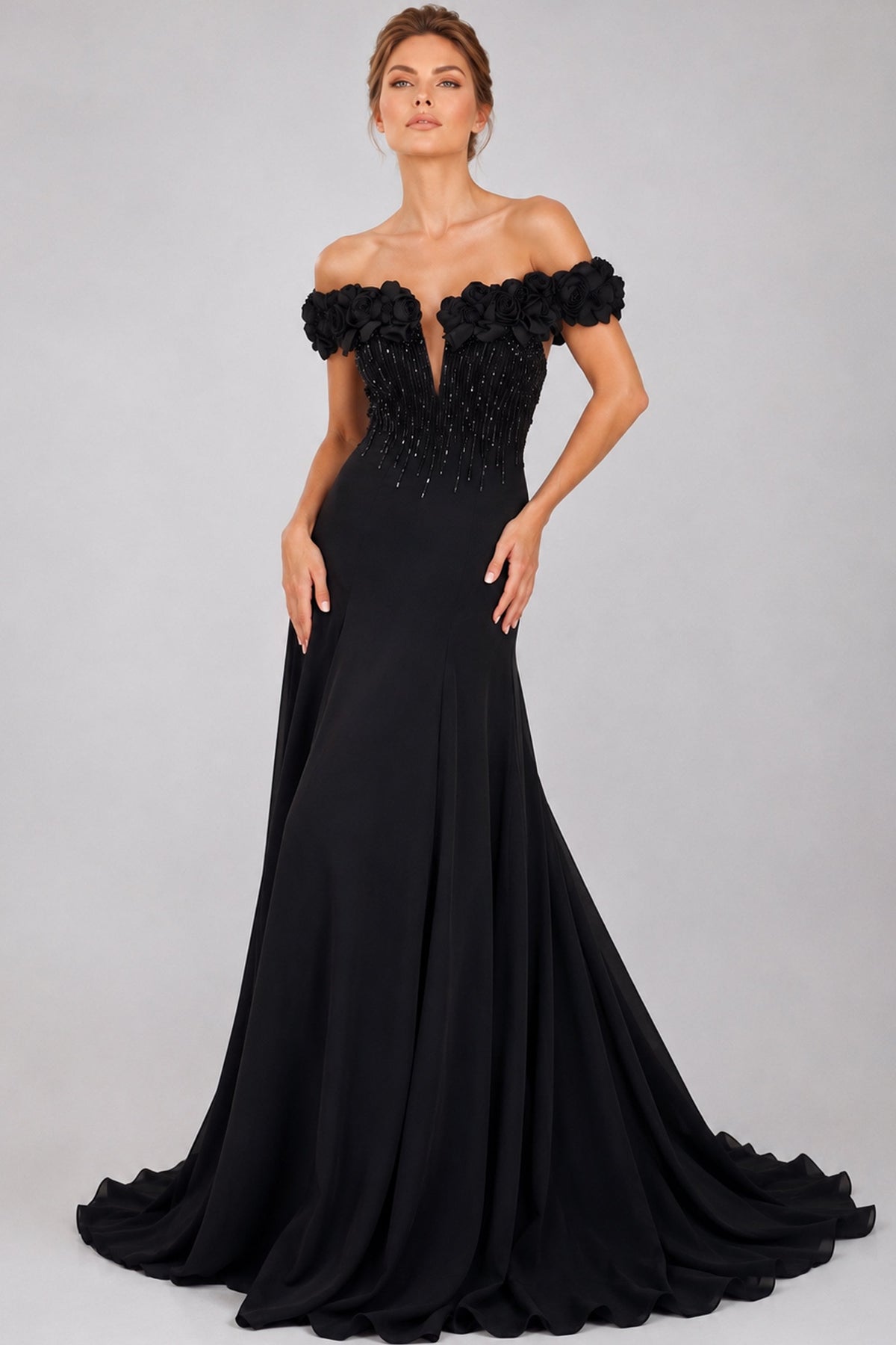 Jovani Evening Dress Jovani 50212 3D Rose Off Shoulder Beaded Bodice Chiffon Evening Gown