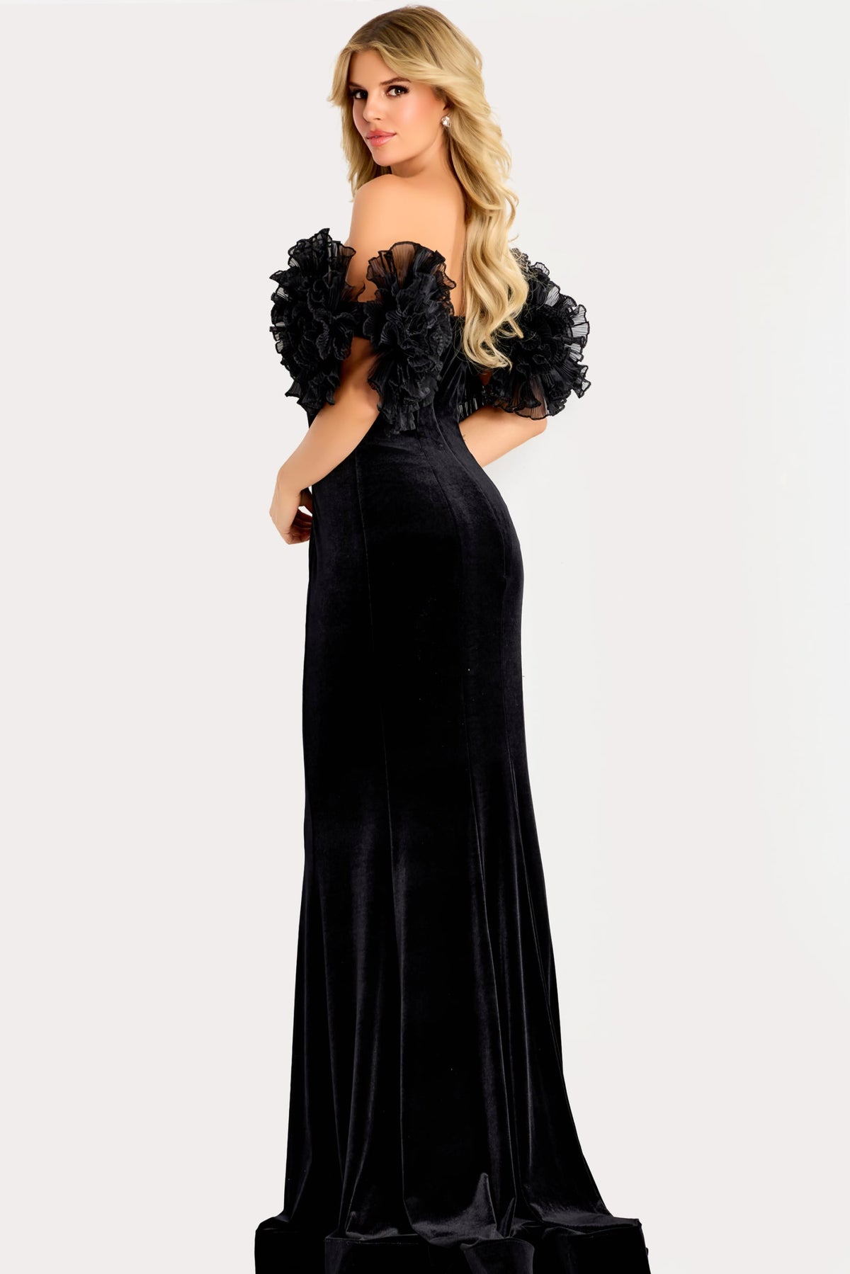 Jovani Evening Dress Jovani 50216 Velvet Gown With Ruffled Puff Sleeves
