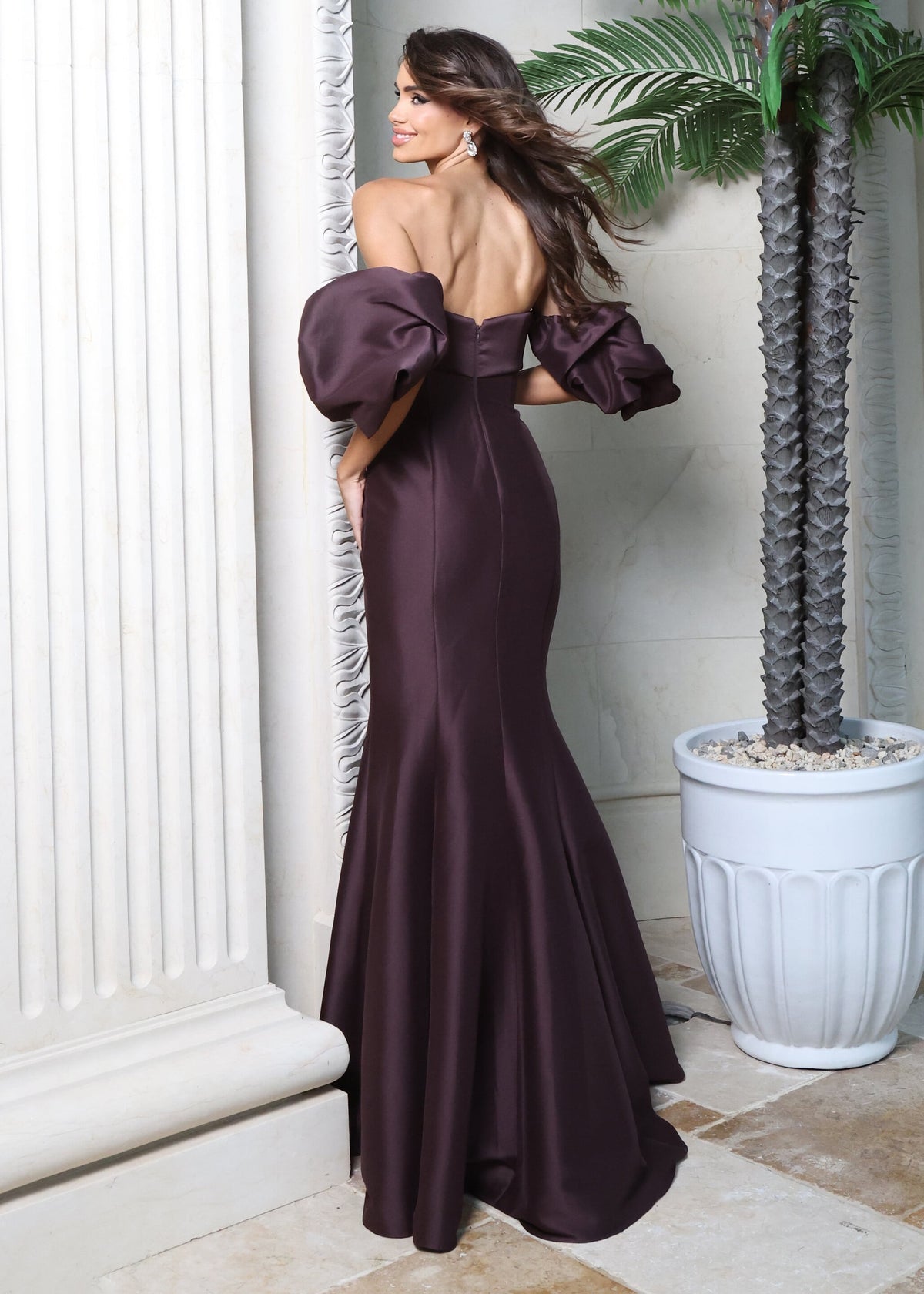 Jovani Evening Dress Jovani 51577 Burgundy Off Shoulder Puff Sleeve Mermaid Satin Gown