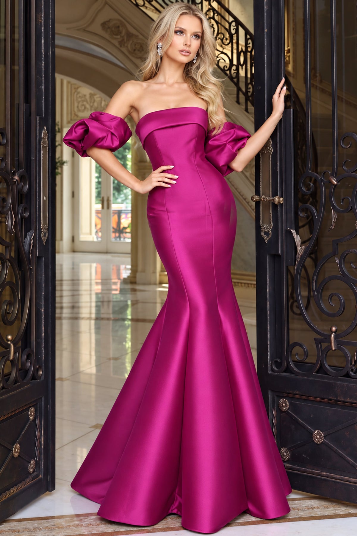 Jovani Evening Dress Jovani 51577 Burgundy Off Shoulder Puff Sleeve Mermaid Satin Gown