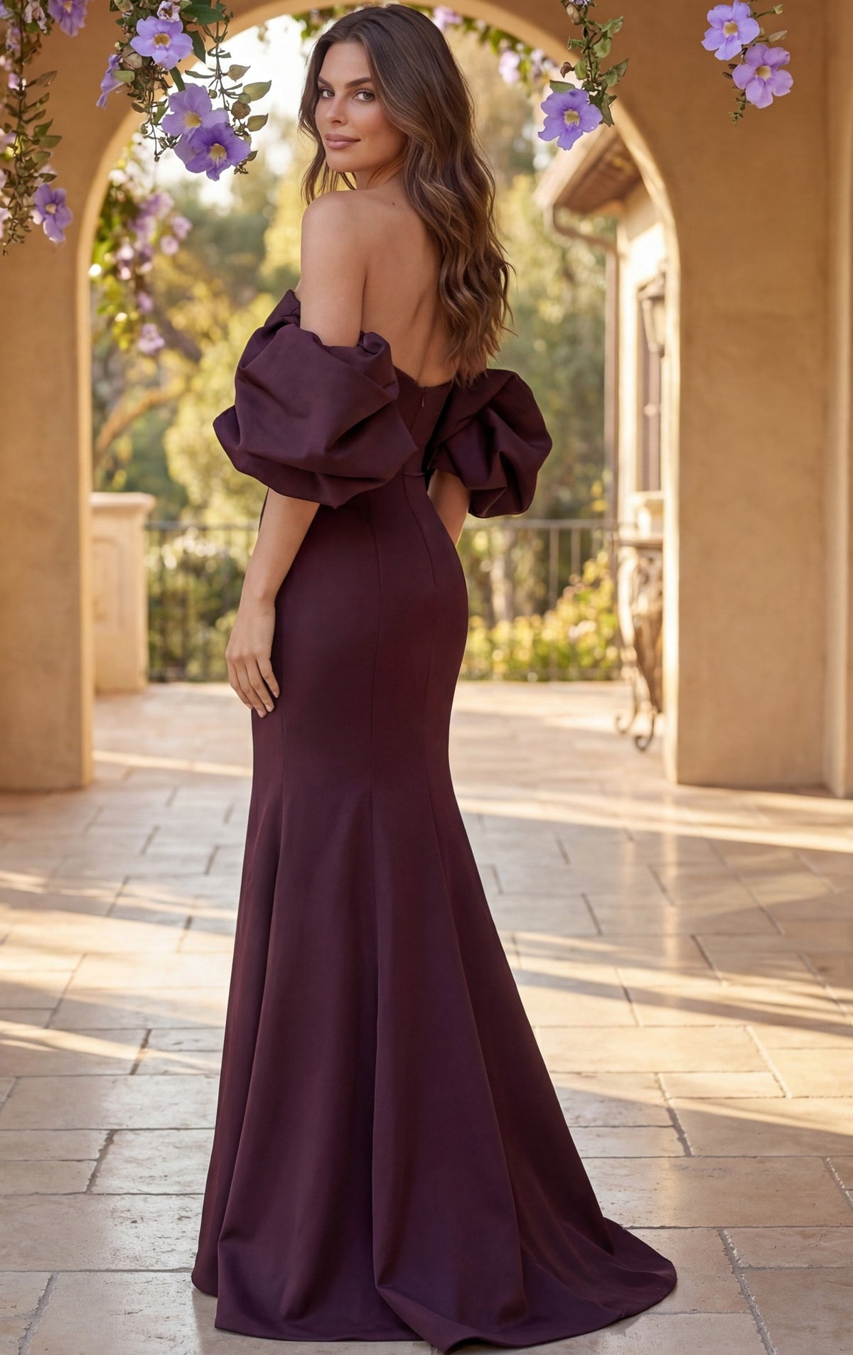 Jovani Evening Dress Jovani 51577 Burgundy Off Shoulder Puff Sleeve Mermaid Satin Gown