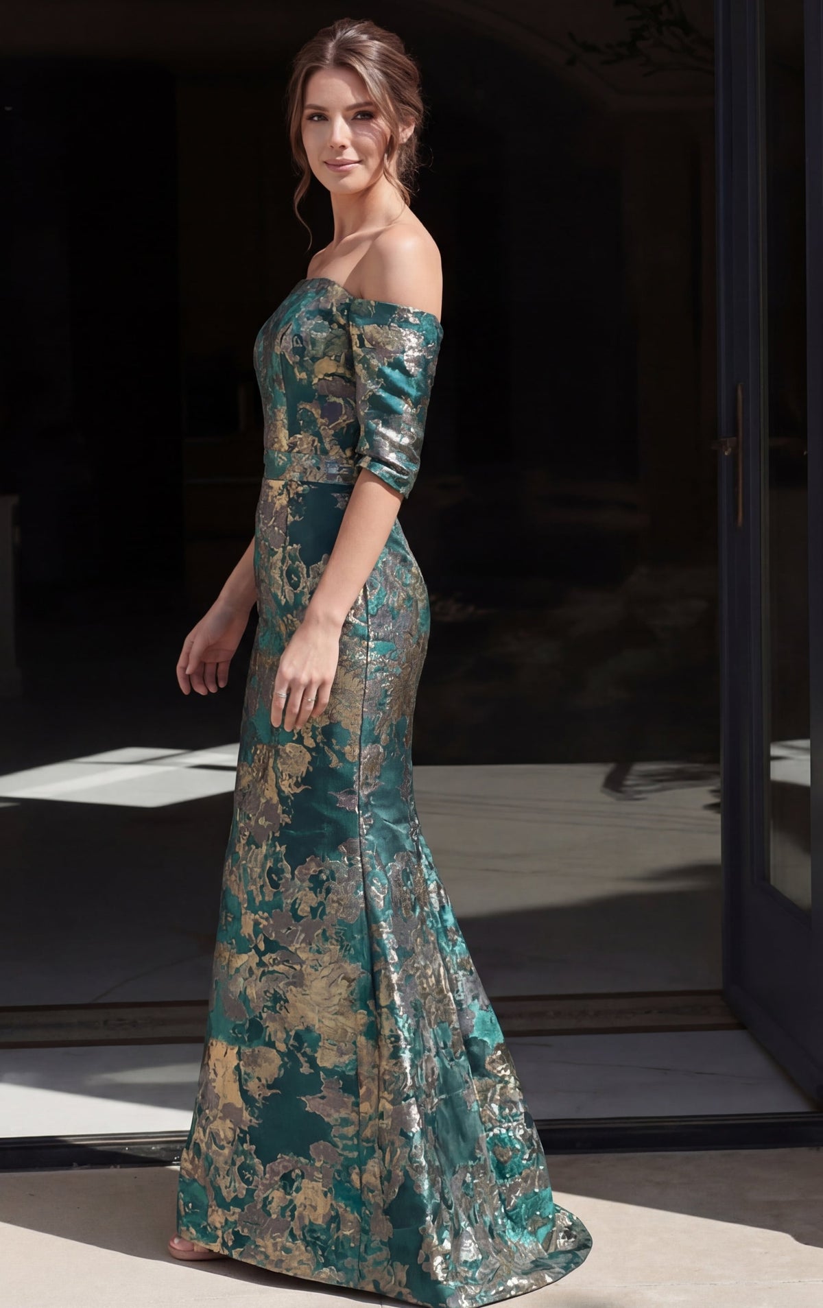 Jovani Evening Dress Jovani 51599 Off Shoulder Metallic Jacquard Mermaid Gown