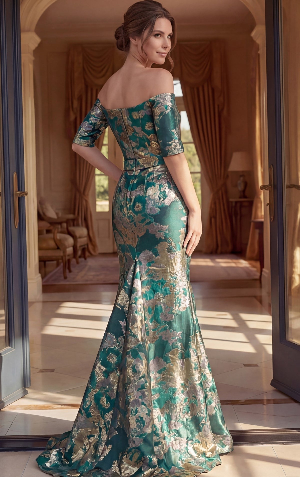 Jovani Evening Dress Jovani 51599 Off Shoulder Metallic Jacquard Mermaid Gown
