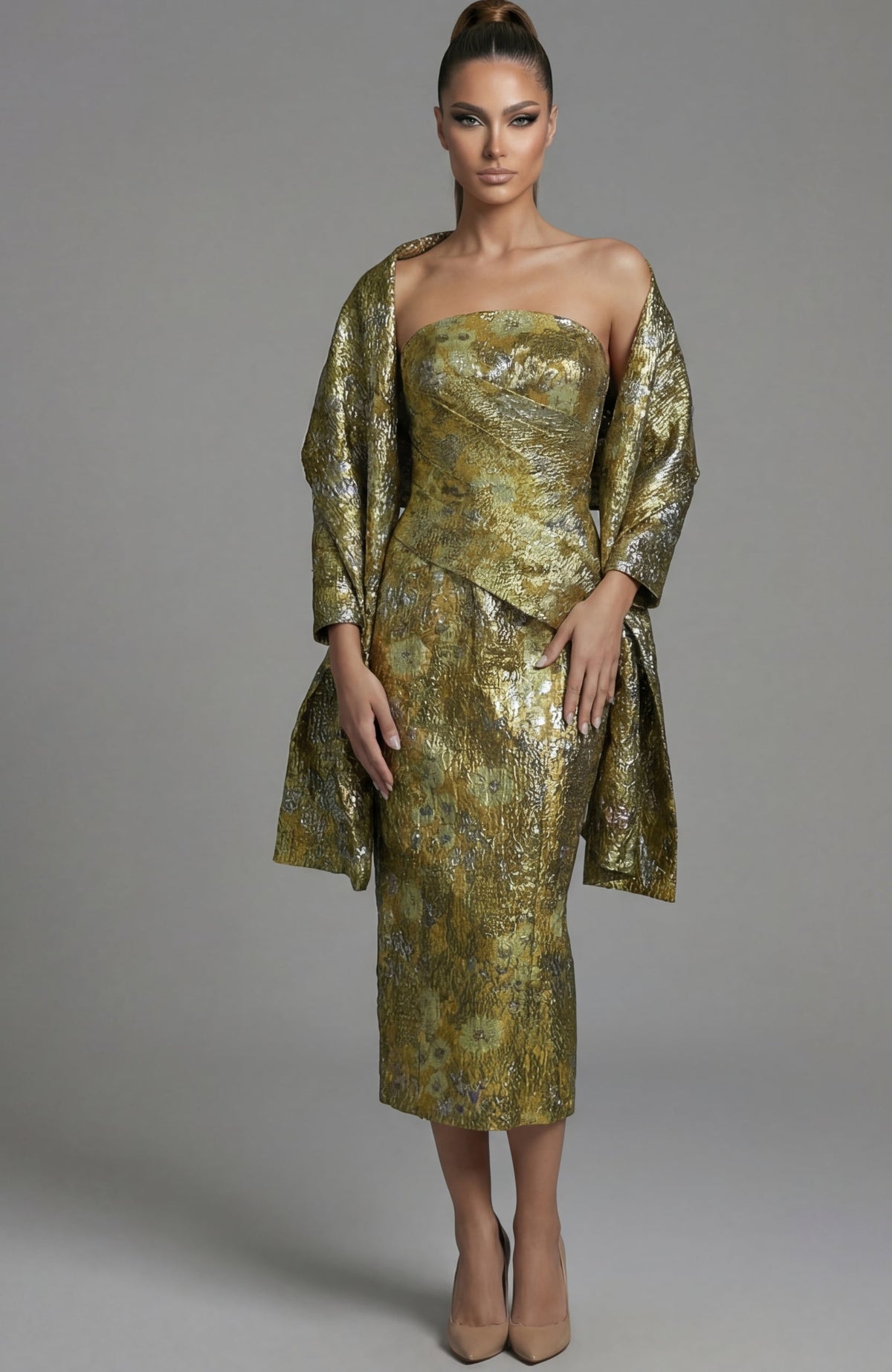 Jovani Evening Dress Jovani 51636 Strapless Brocade Midi Dress With Matching Shawl