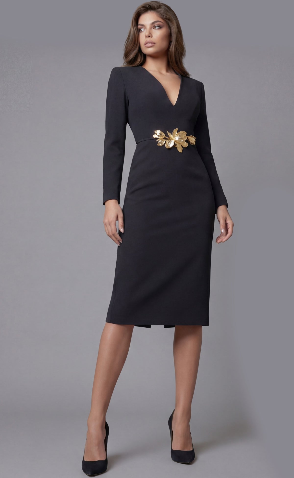 Jovani Evening Dress Jovani 51637 Elegant Long Sleeve V Neck Midi Dress With Sculpted Waist