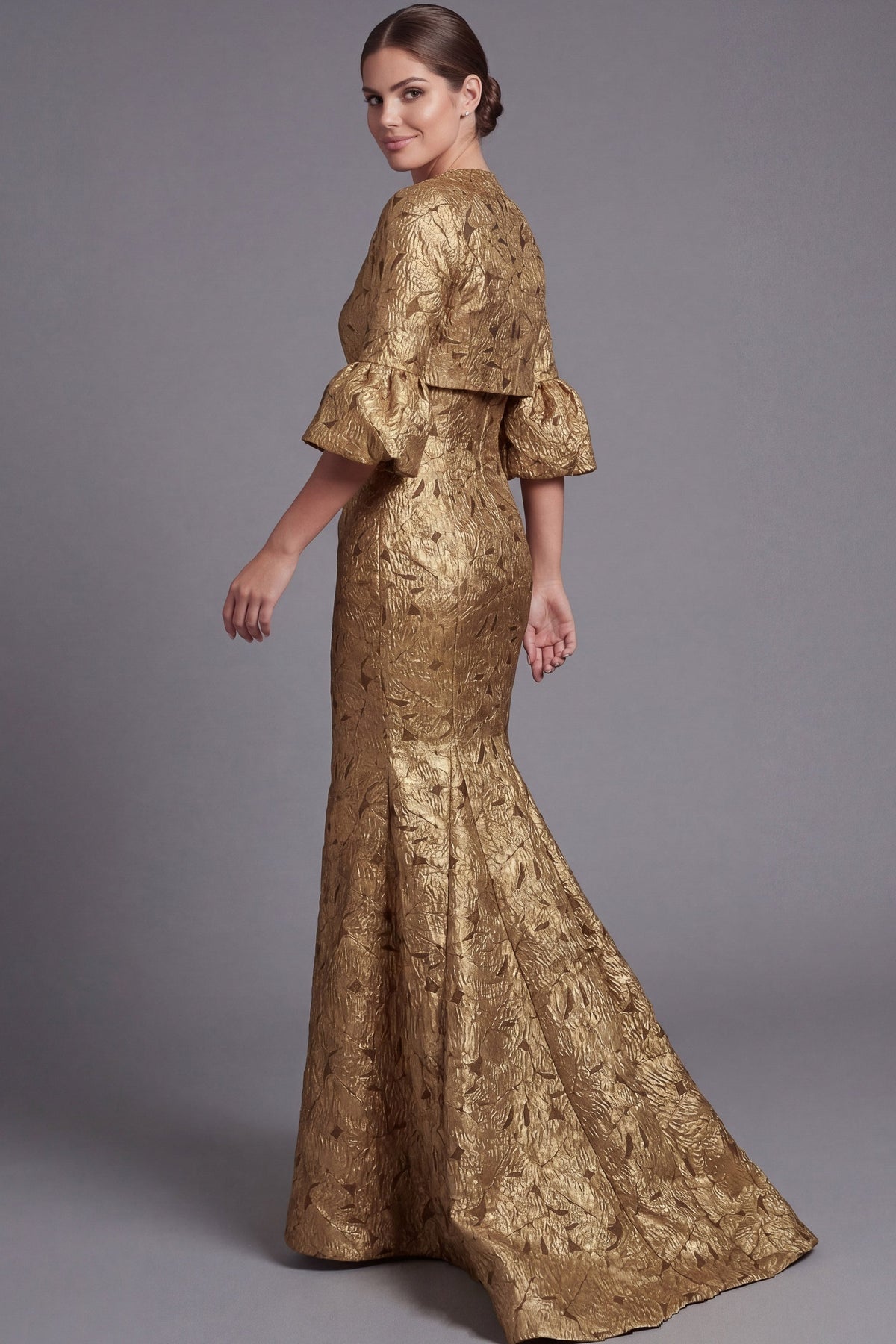 Jovani Evening Dress Jovani 51653 Gold Jacquard Evening Gown With Square Neckline