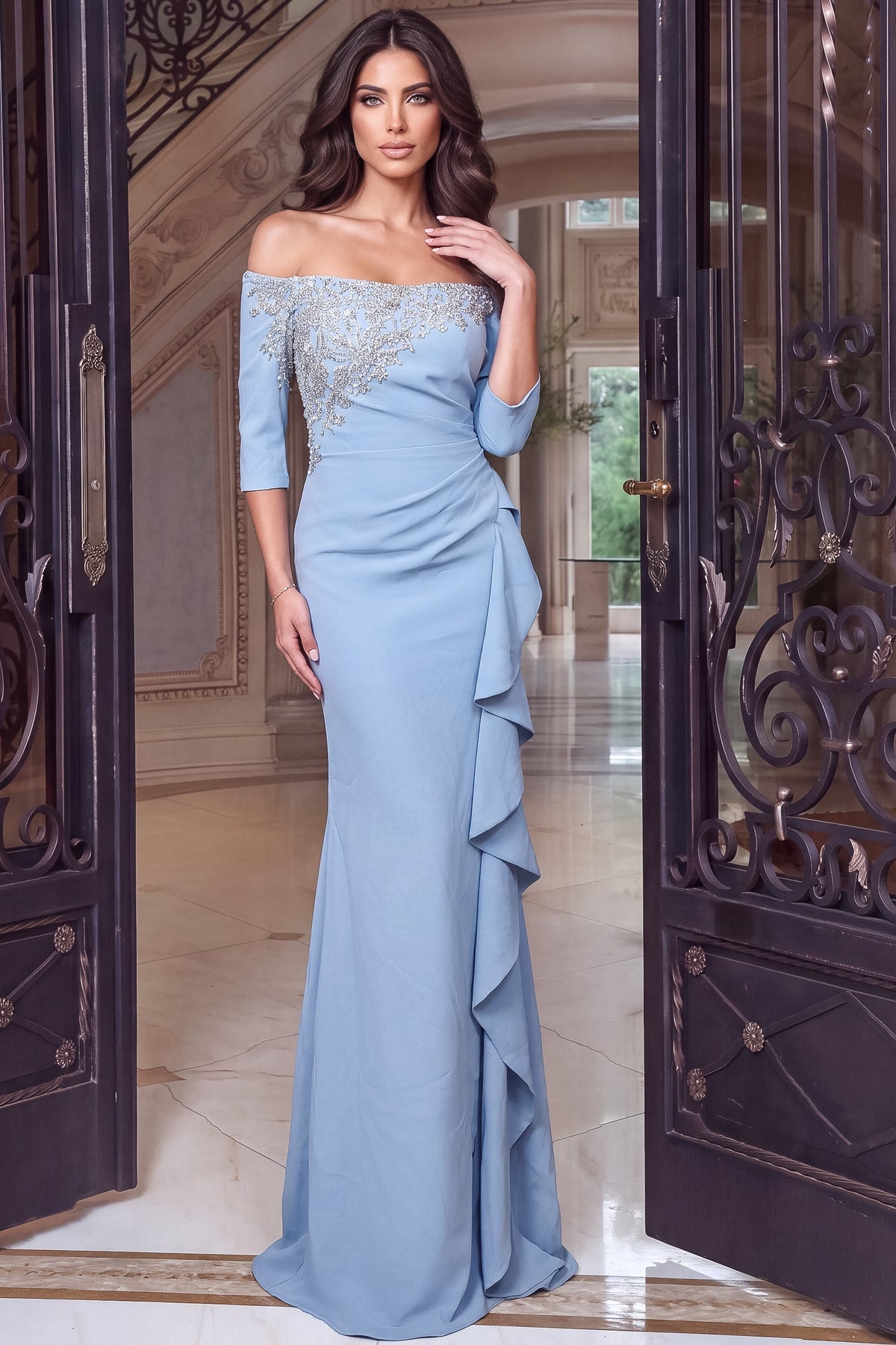 Jovani Evening Dress Jovani 51731 Beaded Crepe Gown With Cascading Ruffle Skirt