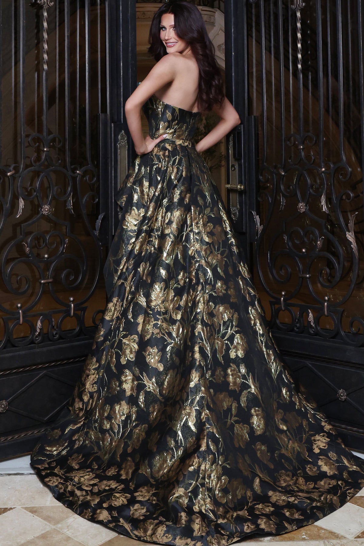 Jovani Evening Dress Jovani 51912 Black & Gold Floral Strapless Peplum Gown