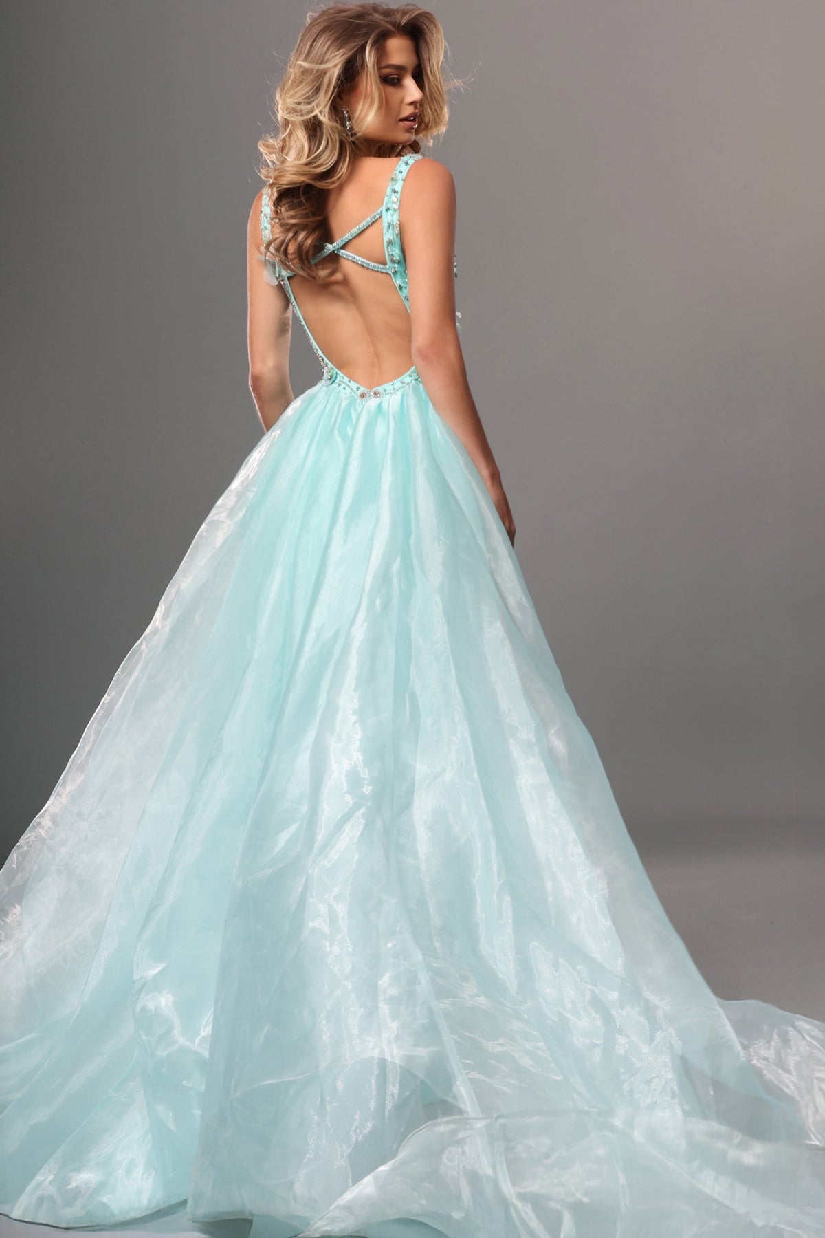 Jovani Evening Dress Jovani 51918 Beaded 3D Flowers Sheer Train Dress