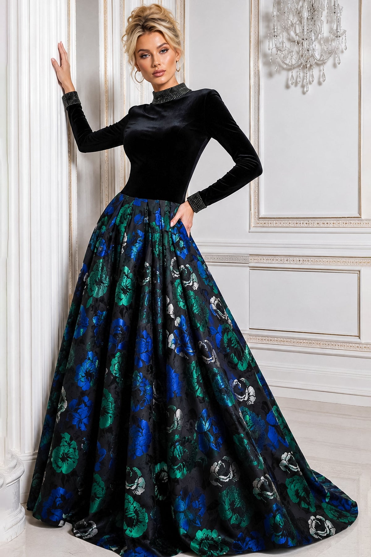 Jovani Evening Dress Jovani 51940 Mock Neck Beaded Cuffs A Line Gown