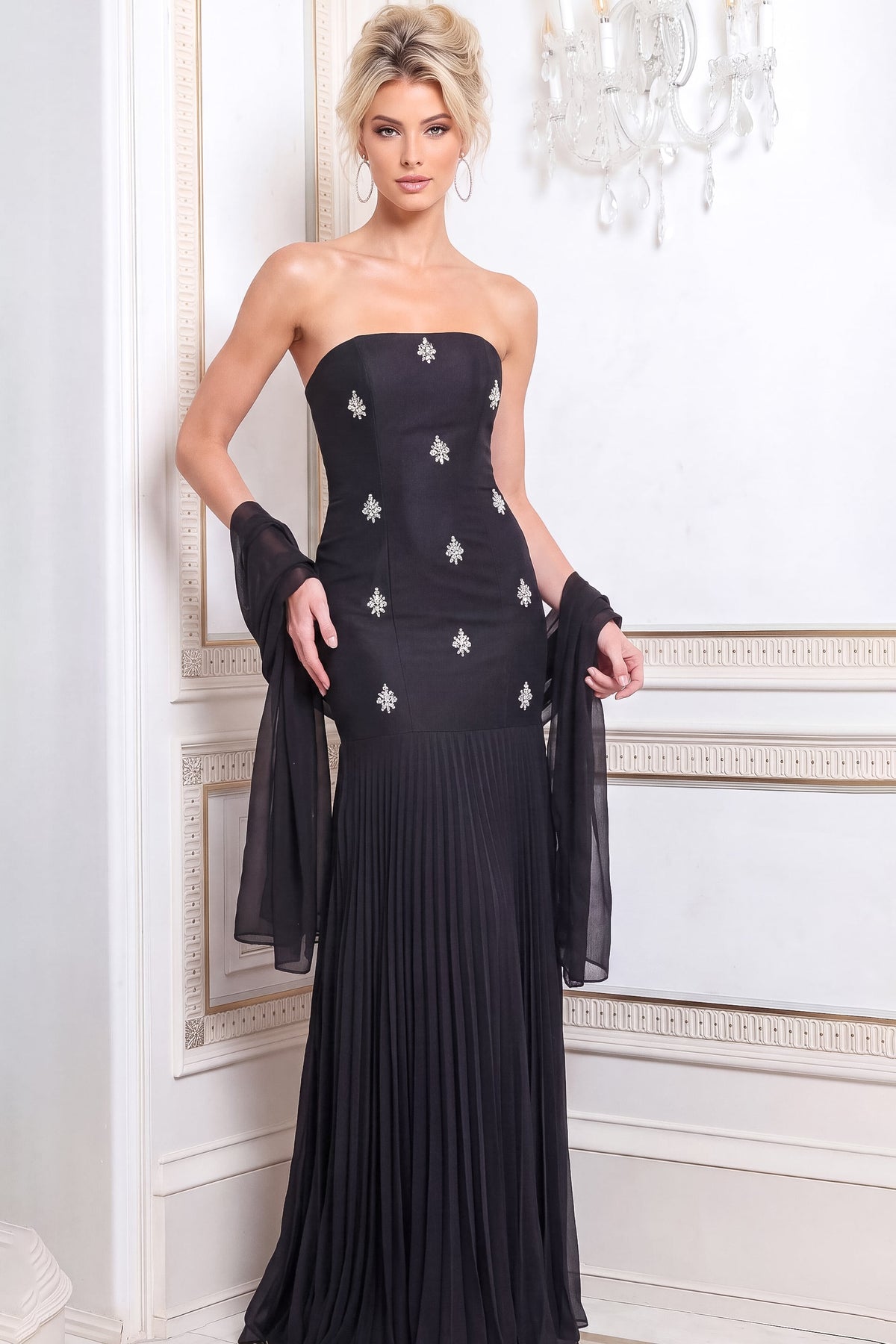 Jovani Evening Dress Jovani 51964 Strapless Beaded Pleated Skirt Column Gown