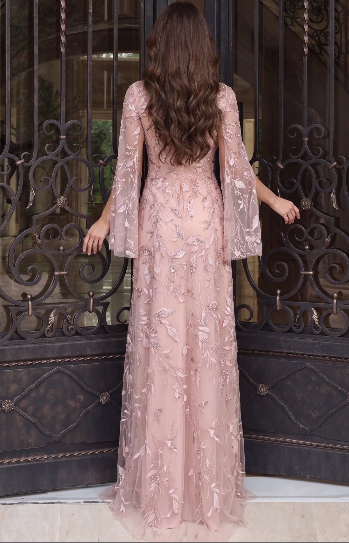 Jovani Evening Dress Jovani 52015 Pink V-Neck Cape Sleeves A Line Gown