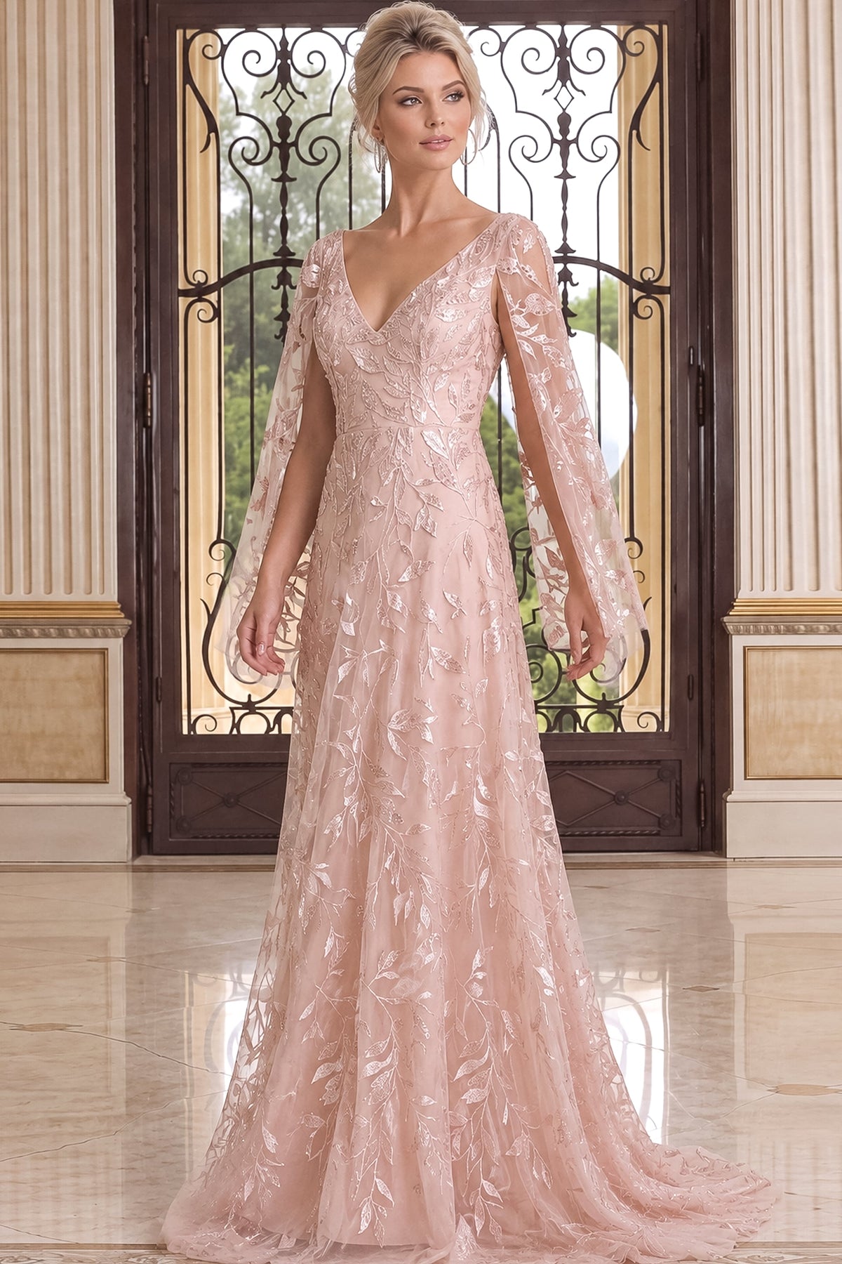 Jovani Evening Dress Jovani 52015 Pink V-Neck Cape Sleeves A Line Gown