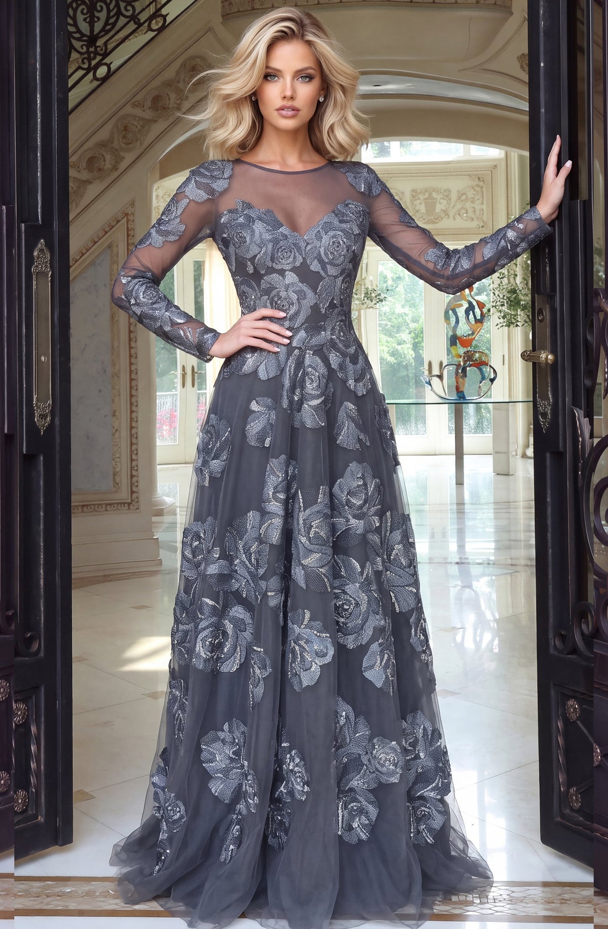 Jovani Evening Dress Jovani 52021 Long Sleeve Illusion A Line Gown