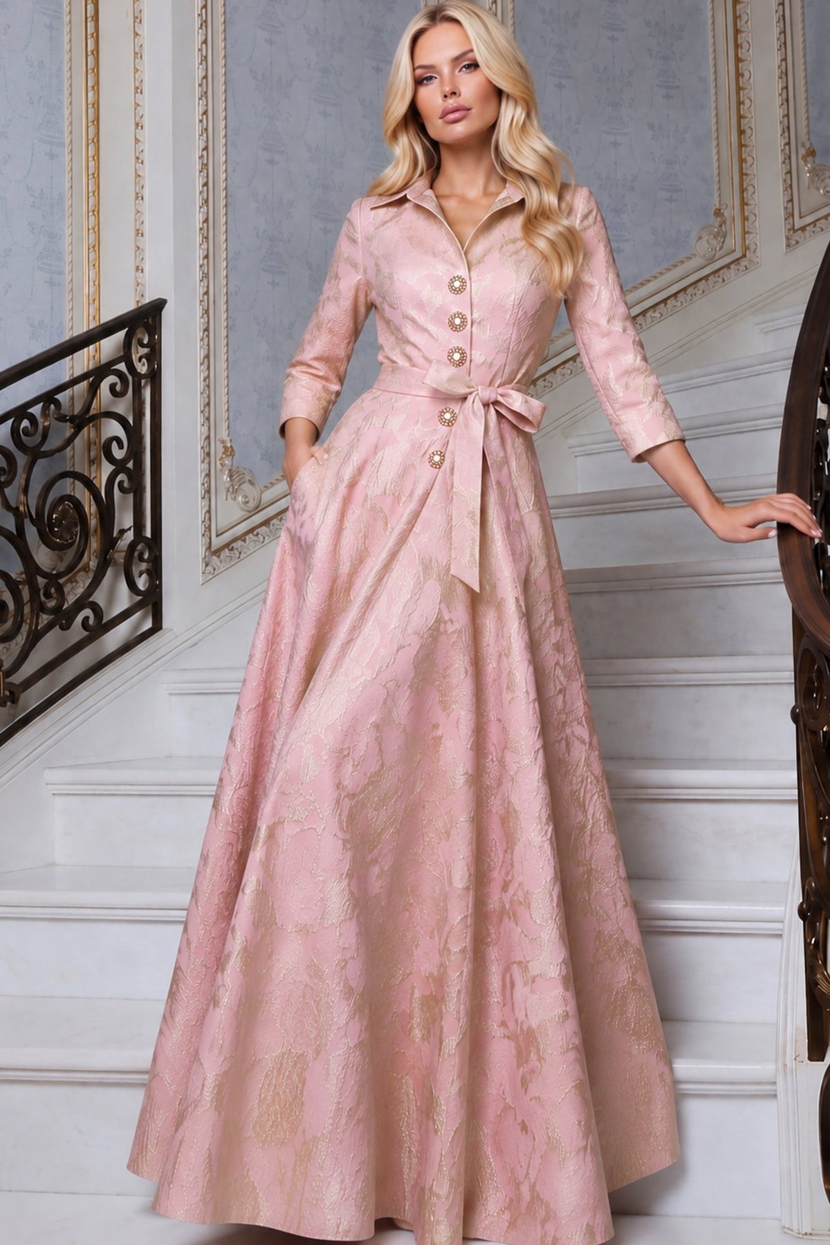 Jovani Evening Dress Jovani 52090 Collared Brocade Shirt Gown With Crystal Buttons