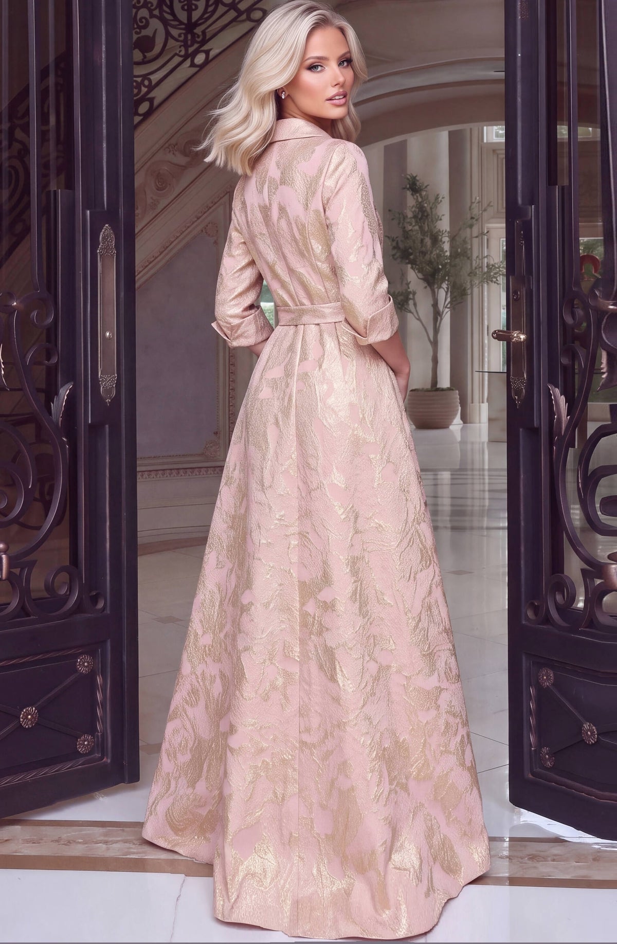 Jovani Evening Dress Jovani 52090 Collared Brocade Shirt Gown With Crystal Buttons