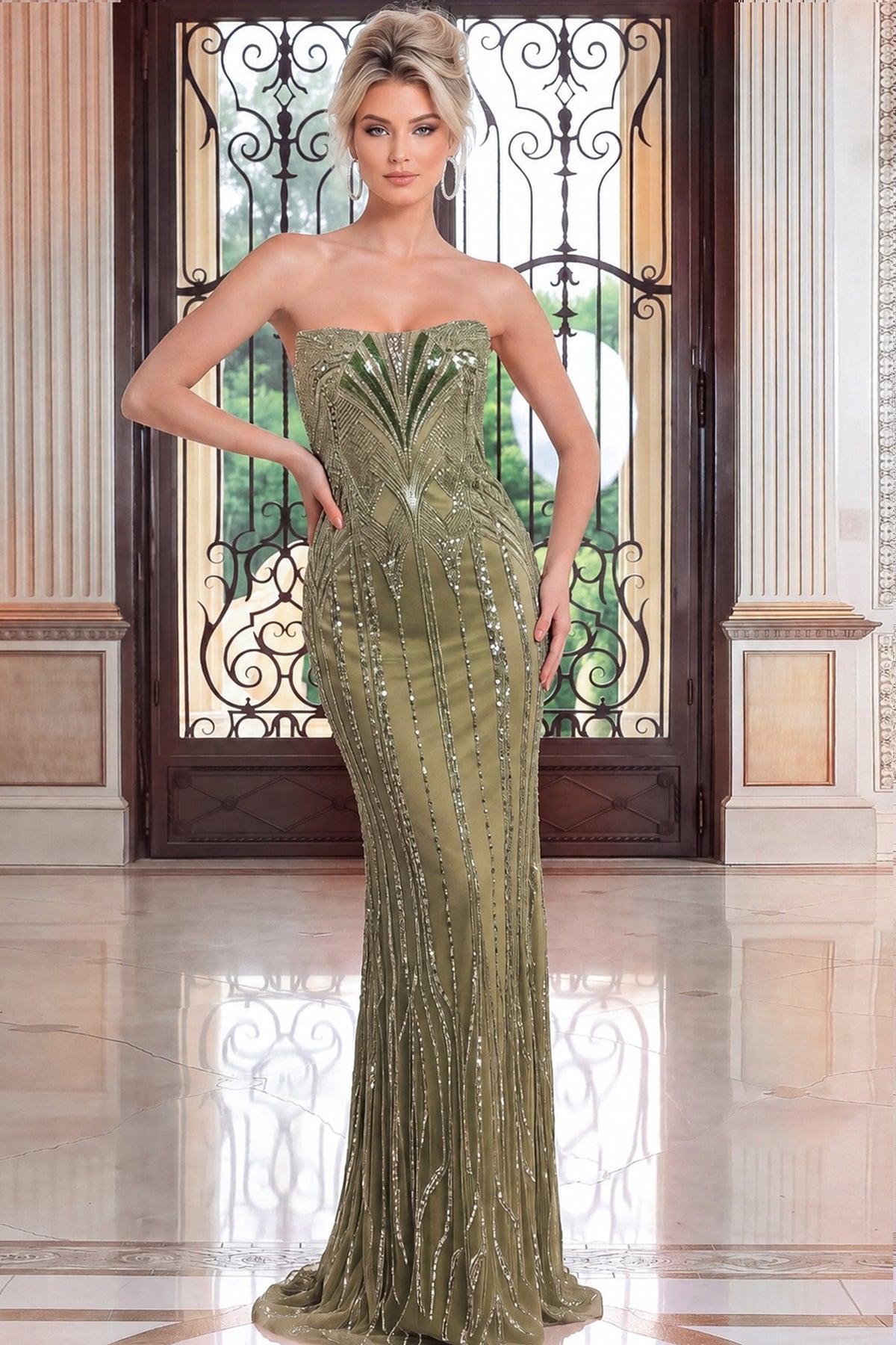 Jovani Evening Dress Jovani 52348 Strapless Patterned Beaded Column Gown