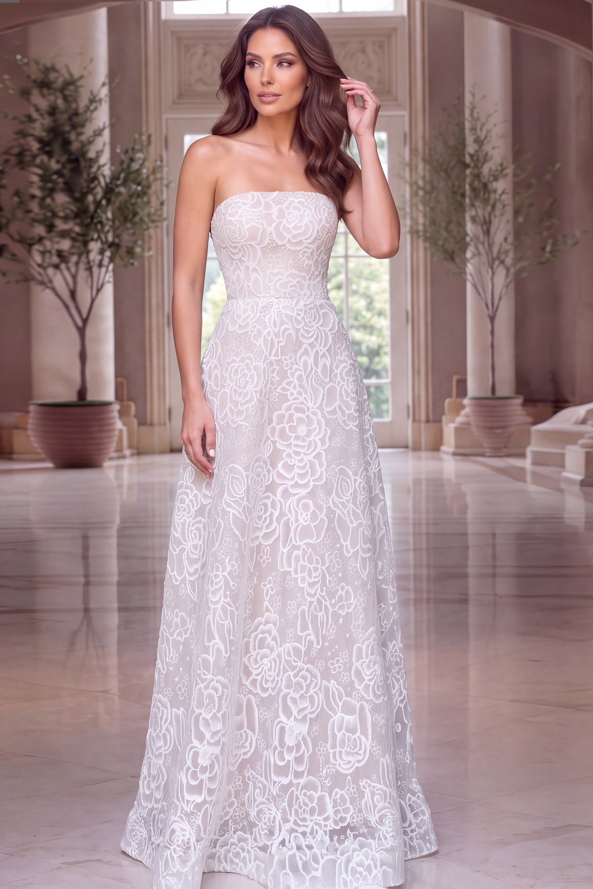 Jovani Evening Dress Jovani 52364 Floral Embroidered Lace Strapless Ball Gown