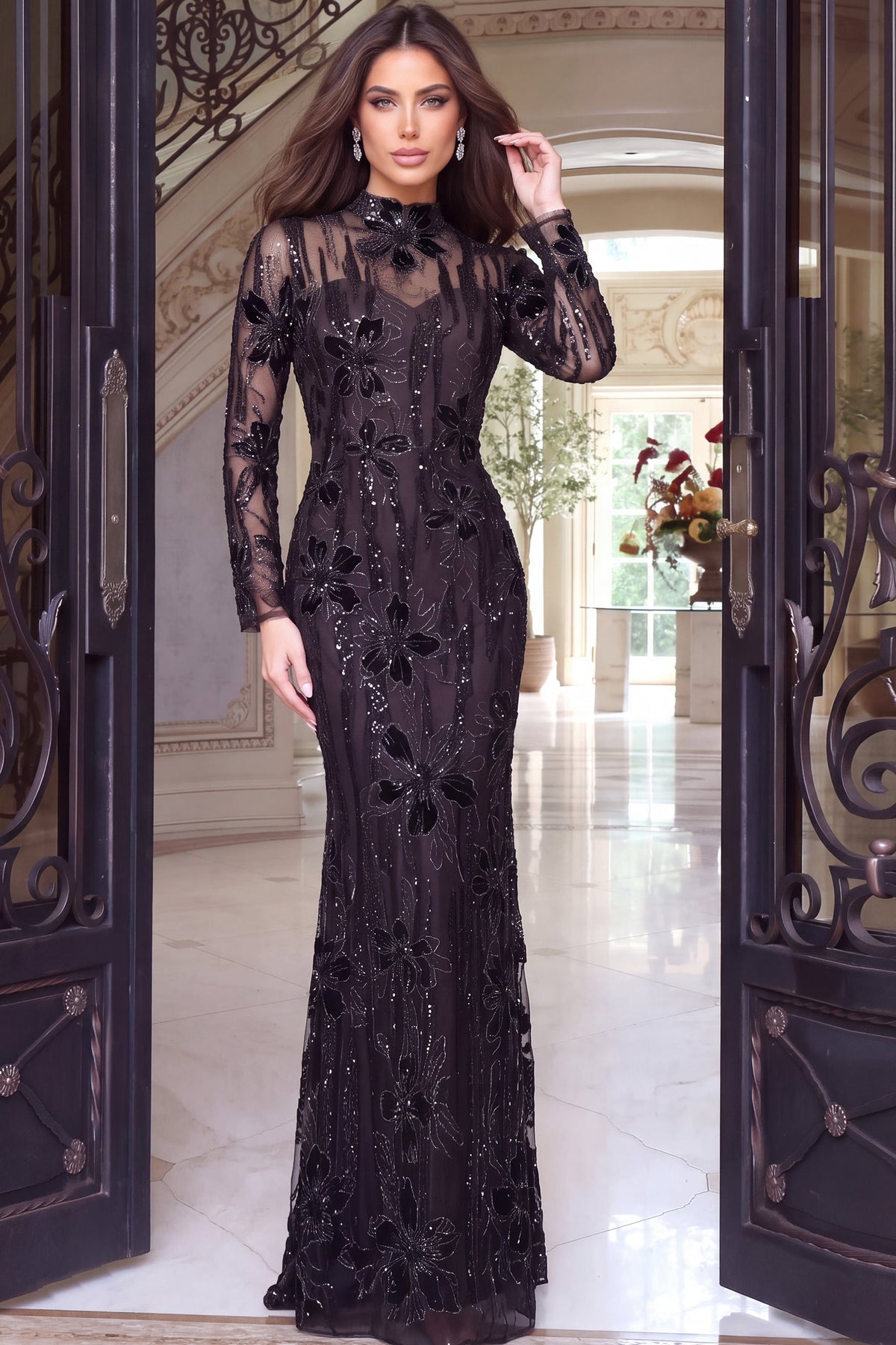 Jovani Evening Dress Jovani 52371 High Neck Illusion Gown With Floral Beading