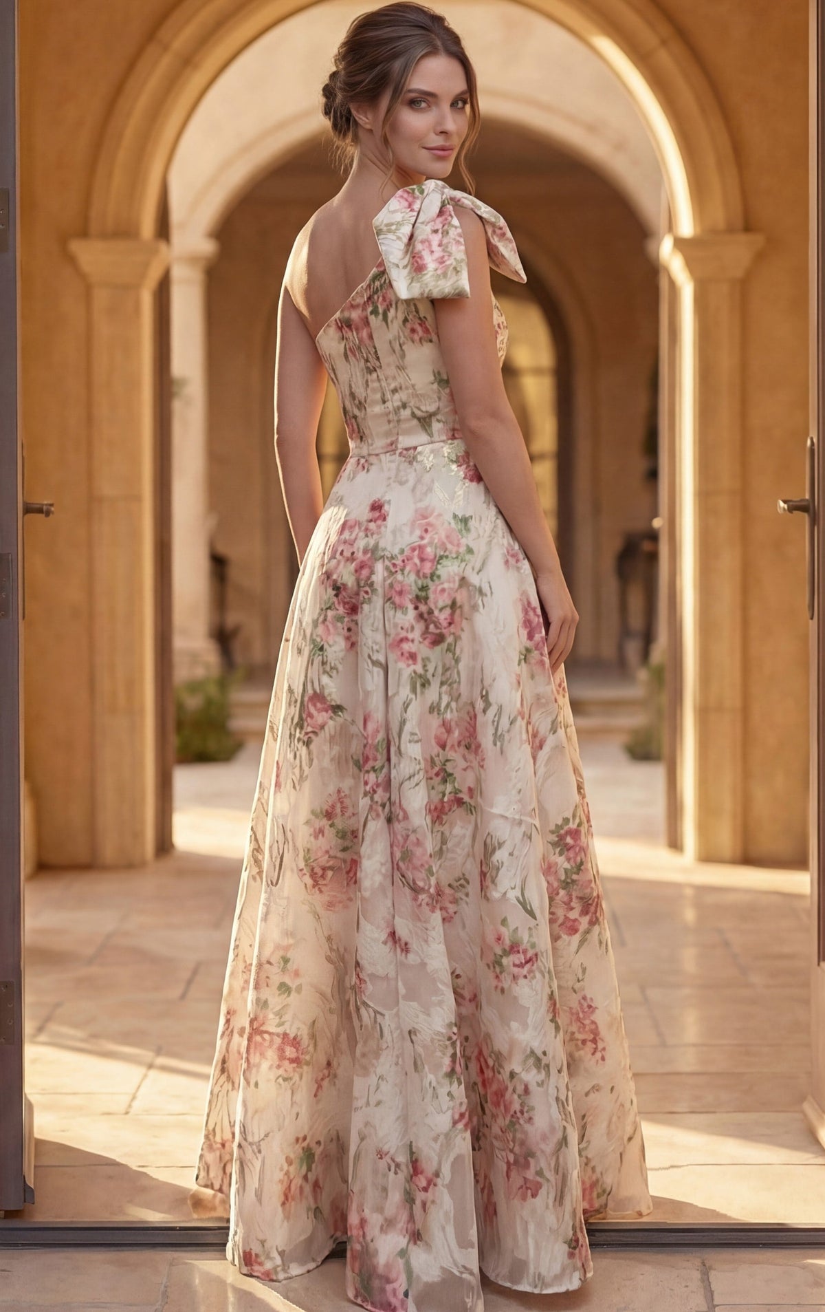 Jovani Evening Dress Jovani 52378 Floral Print One Shoulder Bow A Line Gown