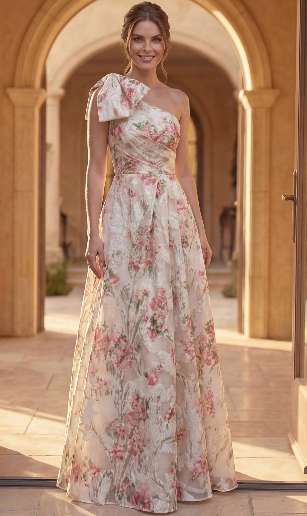 Jovani Evening Dress Jovani 52378 Floral Print One Shoulder Bow A Line Gown