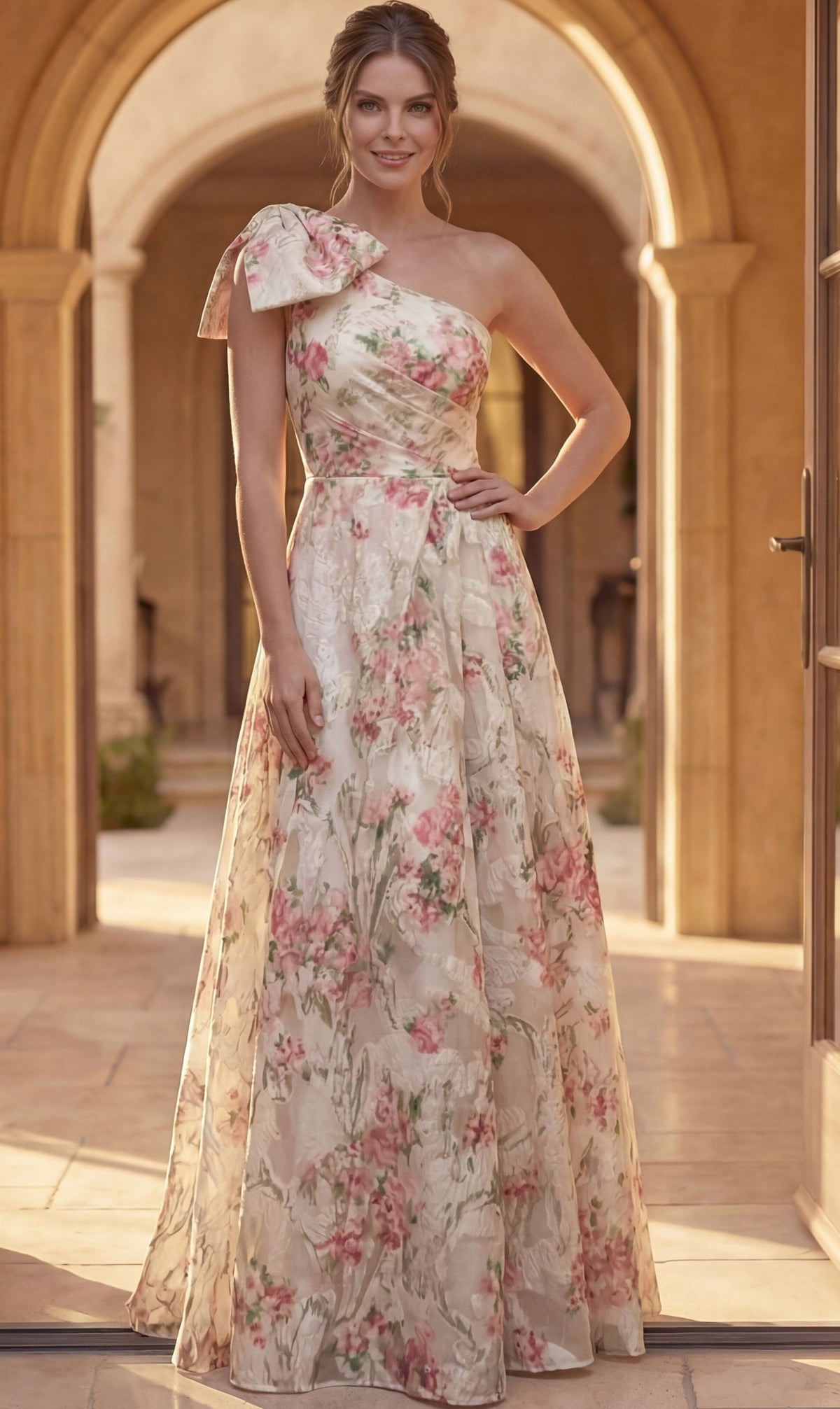 Jovani Evening Dress Jovani 52378 Floral Print One Shoulder Bow A Line Gown