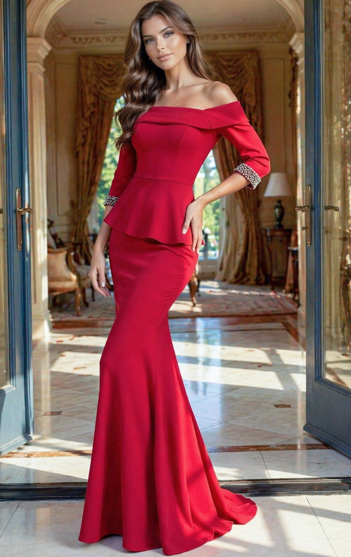 Jovani Evening Dress Jovani 52428 Red Off Shoulder Peplum Beaded Cuff Mermaid Gown