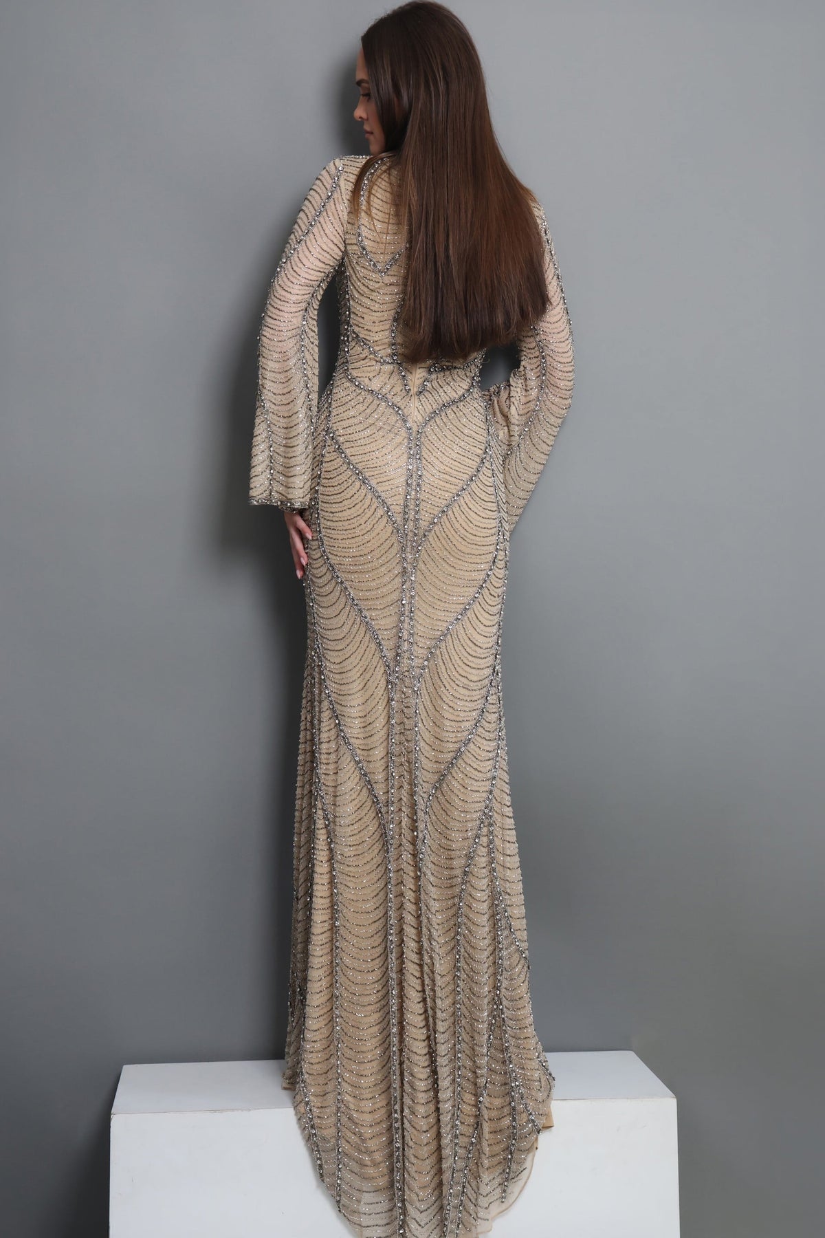 Jovani Evening Dress Jovani 52447 Bell Sleeve Beaded Pattern Sheath Dress
