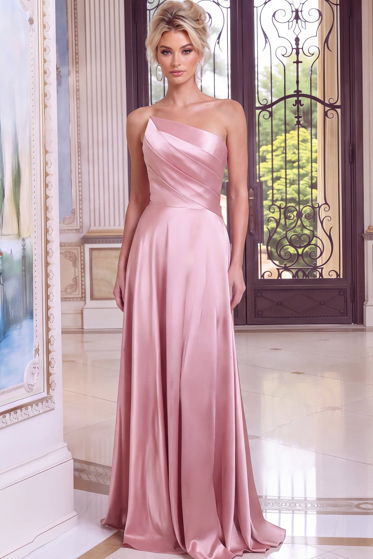 Jovani Evening Dress Jovani 53321 Blush Pink One-Shoulder Satin A Line Gown